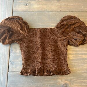 American Eagle Outfitters brown velour corduroy smocked crop‎ top Boho Preppy